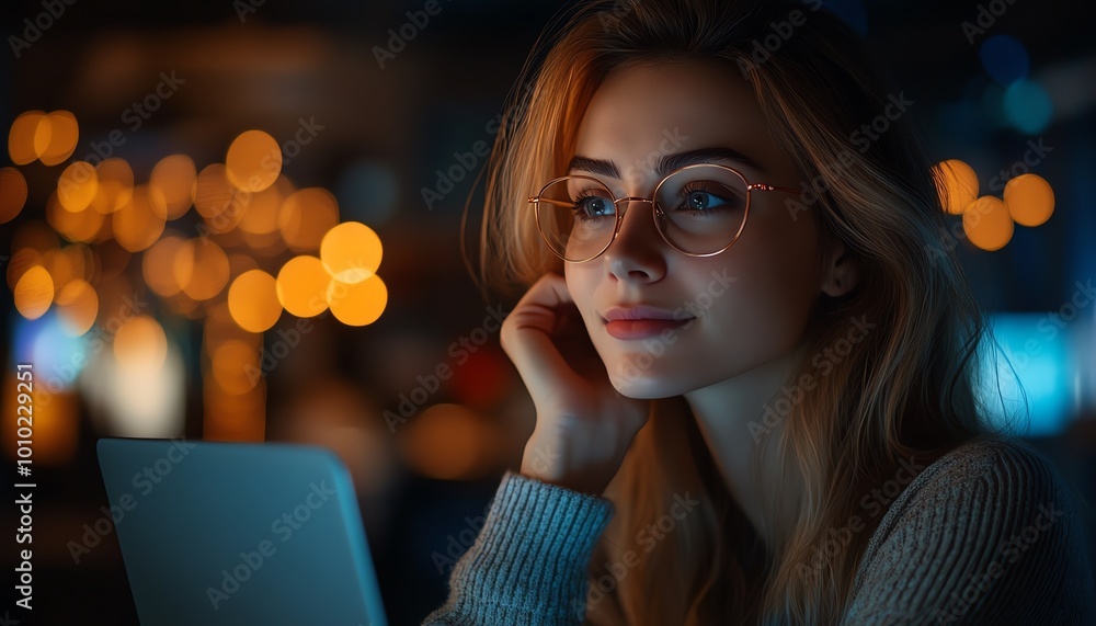 Poster beautiful female it specialist working on a laptop, looking around the office, deep in thought, solv