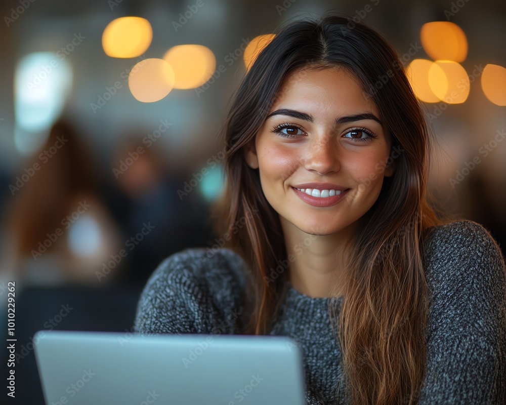 Fototapete Beautiful female IT specialist using a laptop, smiling while thinking, solving coding challenges in a contemporary office, focused and confident, software developer at work