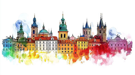 Fototapeta premium Colorful watercolor painting of the prague skyline with famous landmarks