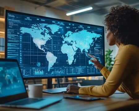 Black male analyst presenting logistics data to Caucasian female manager, big digital screen showing world map, diverse team of employees working at computers in modern office - Powered by Adobe