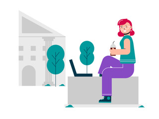 Female student sitting on front yard of the campus.  Campus illustrations. Flat vector illustration.