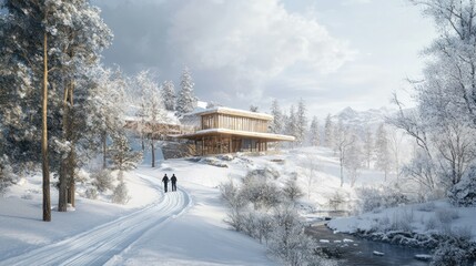 Two Hikers on a Snowy Path with a Modern Cabin in the Distance