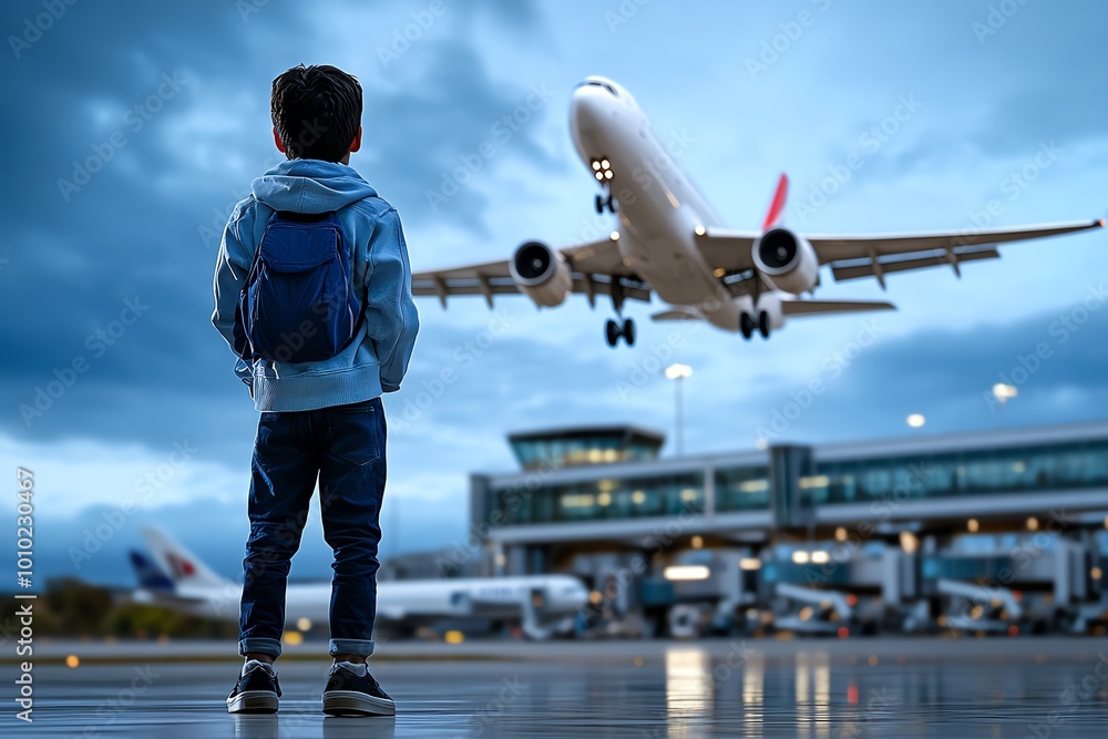 Poster hyper-realistic image of a person standing at the airport gate, watching a plane take off, with ever