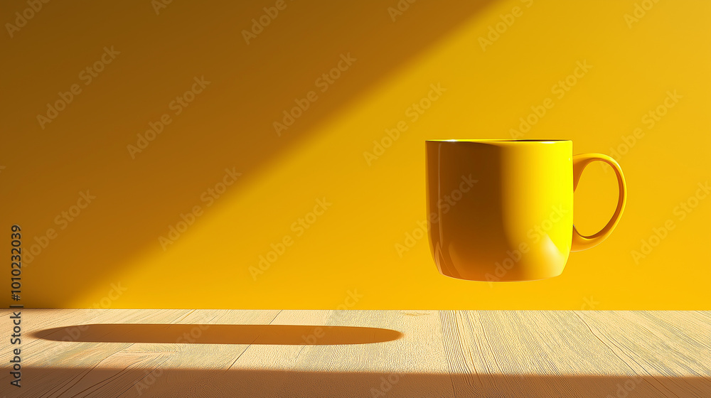 Poster yellow mug floating above wooden table with yellow background and harsh shadows