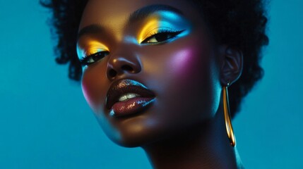 Obraz premium Close-up portrait of a young woman with colorful makeup and a blue background.