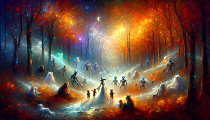 Fototapeta premium Holloween Autumn's Enchanted Walk with Robotic and creature friends 