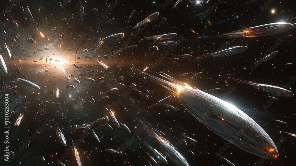 Poster spaceships flying through a nebula, sci fi background for space exploration and interstellar travel