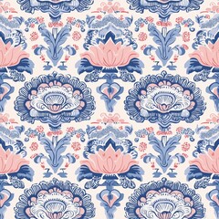 Intricate Pink and Blue Floral Pattern with Detailed Lotus and Decorative Elements, Featuring a Symmetrical Design on a Cream Background, Perfect for Elegant Textile and Wallpaper Creations