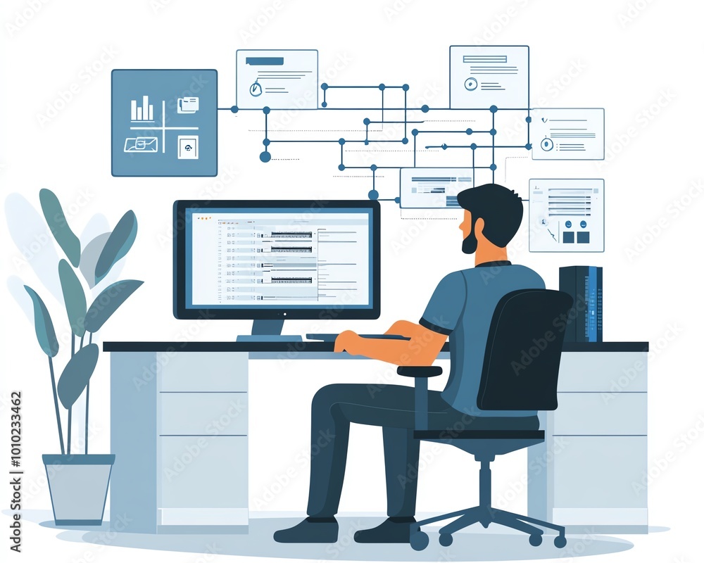 Aufkleber Office setting with system administration and machine learning engineer working at a computer, planning and executing network structure expansion for the enterprise