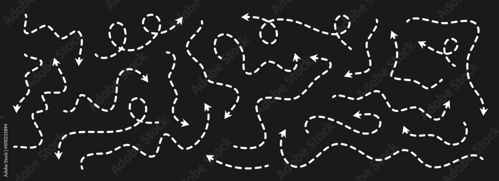 Poster Various dotted thin arrows set. Wavy and curved dashed pointers collection. Wiggly sketchy direction lines. Dots squiggle loop stripe design elements bundle for flyer, poster, brochure. Vector