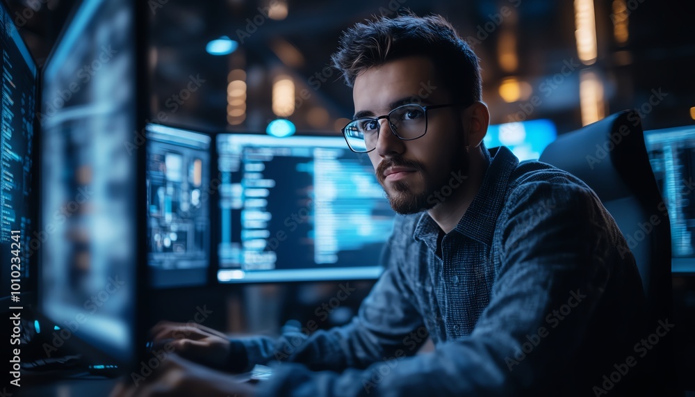 Poster System administration and machine learning engineer programming at his workstation, planning and expanding network structure of the enterprise in a modern office setting