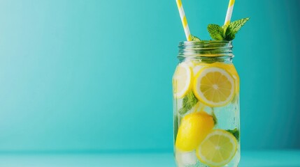 Glass Jar Filled with Lemon Slices, Mint, and Water
