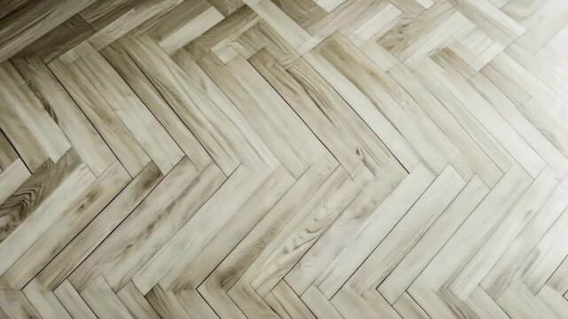 A close-up view of light-colored wooden floorboards arranged in a herringbone pattern