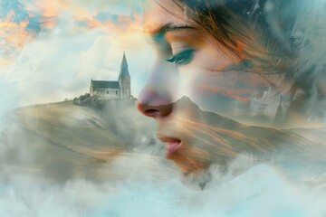 Double exposure of a woman's profile blended with a church and clouds, symbolizing spiritual reflection, faith, and inner peace






