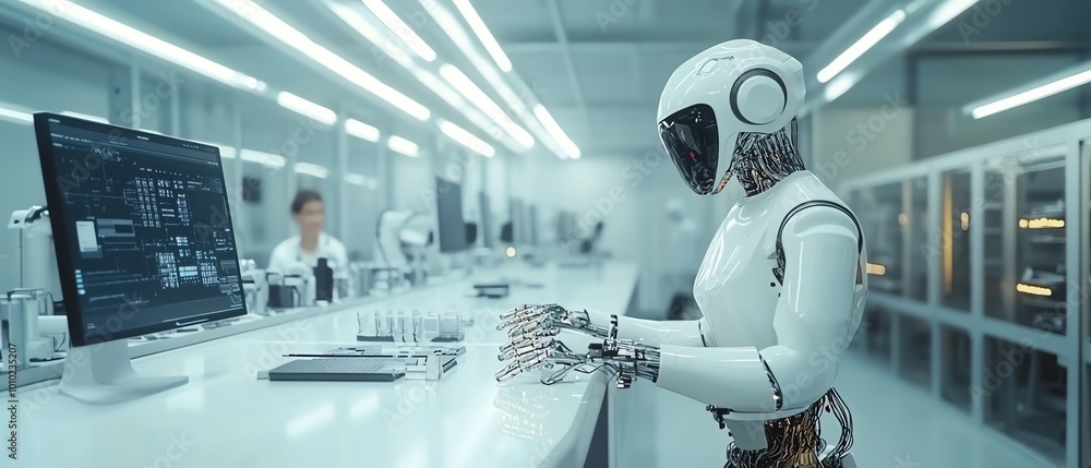Poster advanced robotics in electronics factory assembling intricate devices