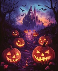Fototapeta premium Spooky Halloween Scene with Jack o Lanterns Leading to a Haunted Castle