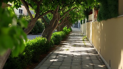 Stone Pathway Through Green Trees and Wall