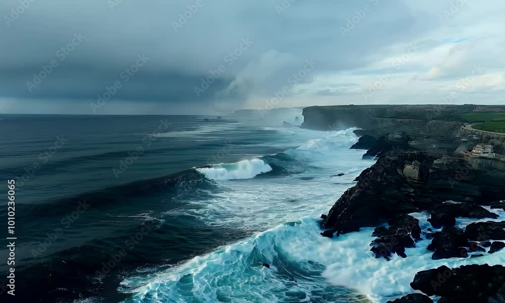 Poster rugged cliffs withstand powerful waves crashing beneath a dramatic sky, creating a scene of coastal 