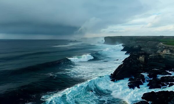 Rugged cliffs withstand powerful waves crashing beneath a dramatic sky, creating a scene of coastal majesty