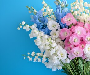 Fototapeta premium A vibrant bouquet featuring pink, white, and blue flowers against a teal background, perfect for decoration or design projects.