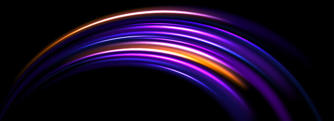 Glowing neon light trail background. Orange purple arch speed lines. Magic luminous curved swirl concept. Abstract spiral dynamic rotating stripes. Curve streaks for poster, banner, flyer. Vector