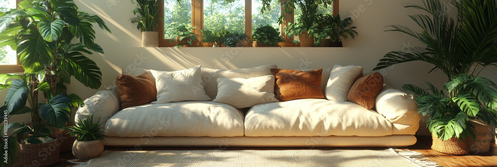 Canvas Prints Cozy living room with a large, white sofa and lush green plants.