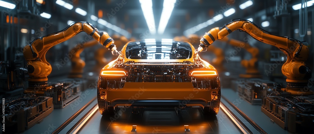 Poster dynamic cinematic camera angle autonomous factory with robotic arms assembling car frames, ai precis