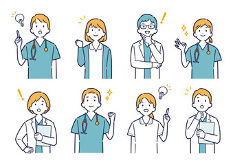 上を向いて明るい表情をする医師のイラストセット＿上半身