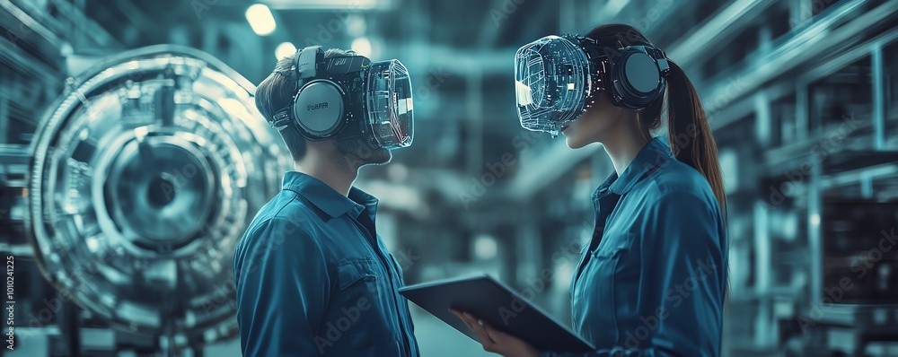 Aufkleber factory digitalization scene two industrial engineers with tablet visualizing 3d model of green ener
