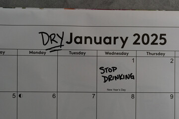 Calendar marked to indicate that January is Dry January - a month to stay sober and alcohol-free