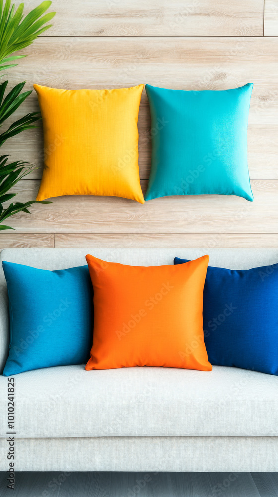 Poster Colorful throw pillows on a white couch.