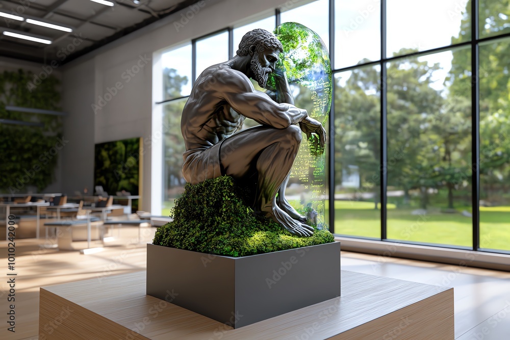 Poster Interactive 3D digital scene of a stoic thinker in a futuristic classroom, where users can explore holographic scrolls and teachings in a fully immersive, animated environment
