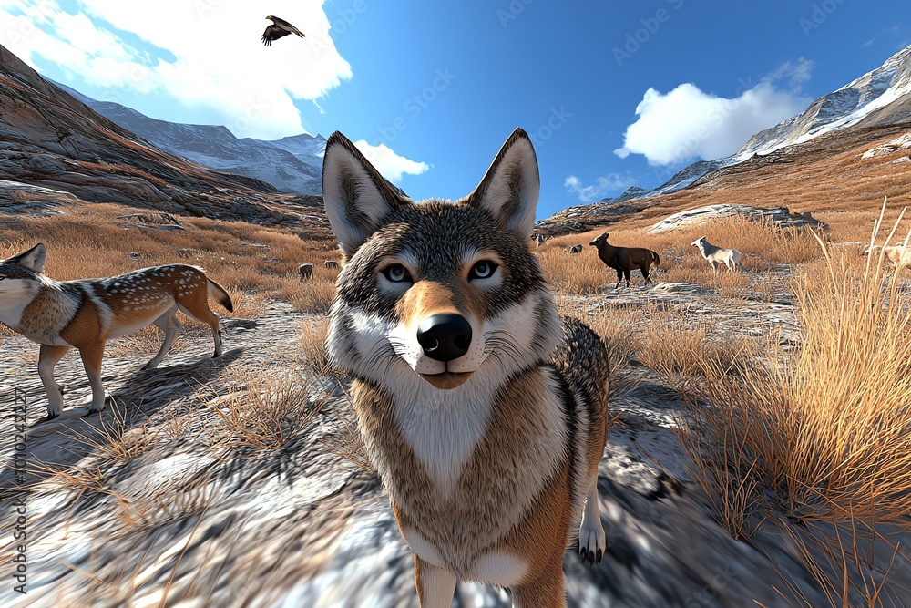Poster interactive 3d digital scene of a mountain landscape, where users can explore and observe wolves, de