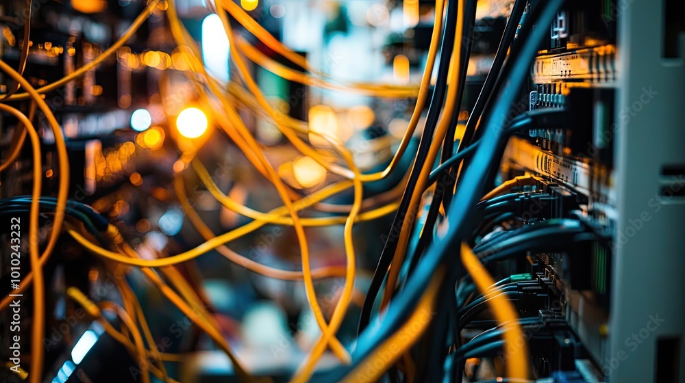 Poster close-up of network cables connected to a server rack