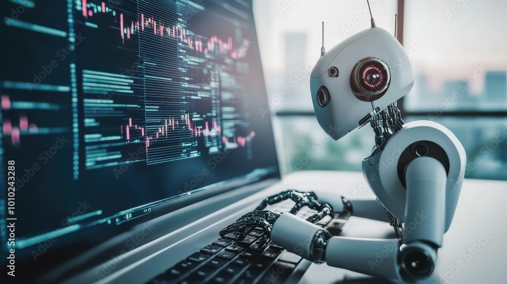 Poster futuristic ai trading bot analyzing stock market data