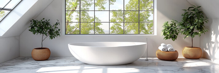Fototapeta premium Modern bathroom with a freestanding bathtub and a view of nature.
