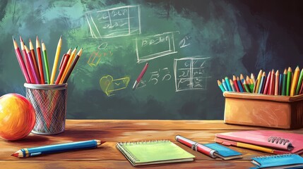 Classroom Supplies and Chalkboard with Mathematical Equations