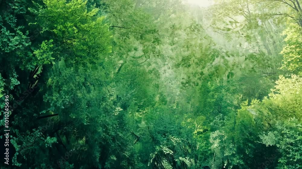 Poster sunlight filters through the dense canopy of a lush forest, creating a mystical atmosphere