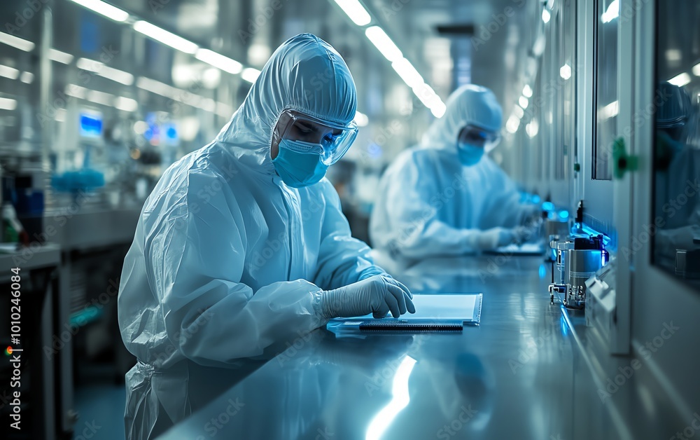 Aufkleber semiconductor production process at electronics factory two technicians in sterile suits removing si