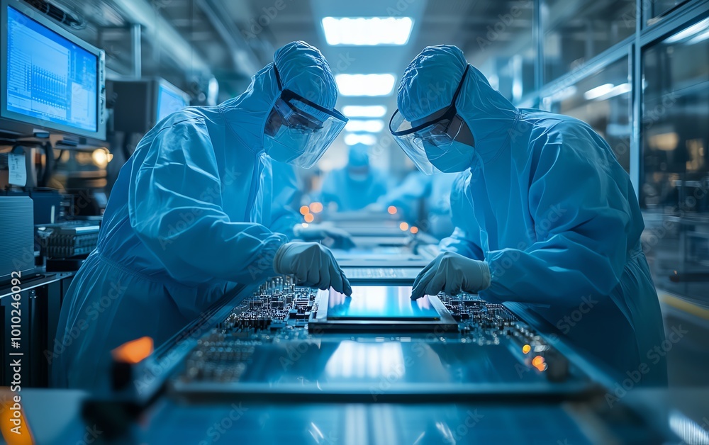 Poster Semiconductor Production Process at Electronics Factory Two Technicians in Sterile Suits Removing Silicon Wafer, HighTech Environment