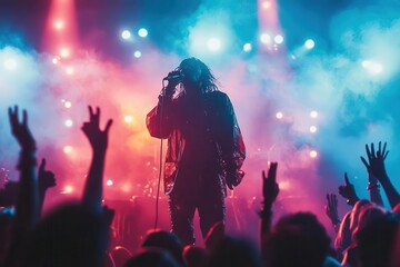 Fototapeta premium Dynamic concert scene with a performer on stage, energized crowd, vibrant lights, and an electrifying atmosphere.