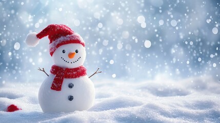 Fototapeta premium Cute snowman with a red scarf and hat standing in a snowy field