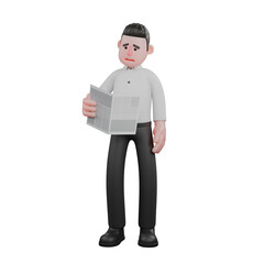 Business Strategy Expert 3D Model. A male businessman stands holding a newspaper in his right hand with a sad expression. Cartoon