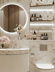 luxury white marble bathroom in expensive  day spa with skin products on shelf , and many white fresh towels, many flower vases  decoration 