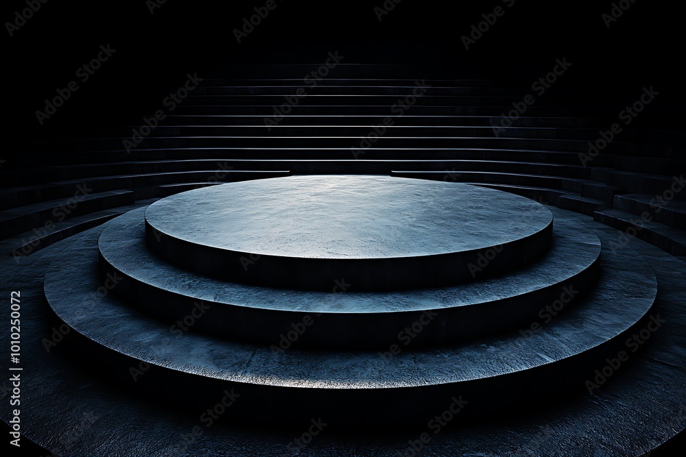 Poster empty product display podium with circular platform and blue lighting