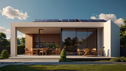 Modern House with Solar Panels and Patio Furniture