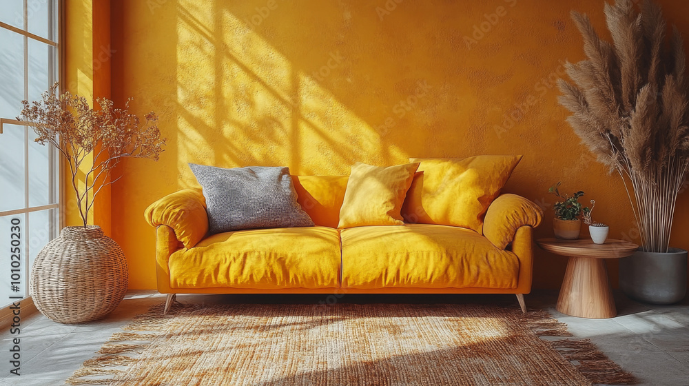 Canvas Prints A yellow couch sits in a bright living room with a yellow wall and natural light streaming in.