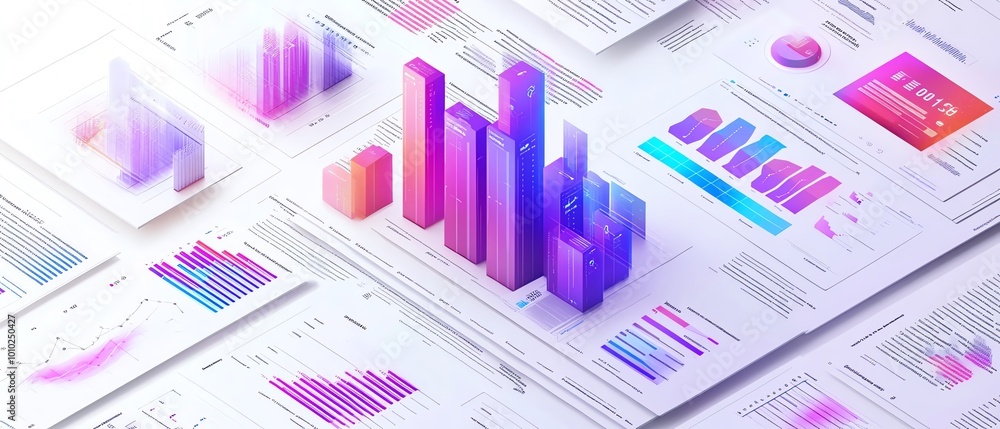 Aufkleber Business data report in isometric perspective, white background, visual representation of charts and key metrics, sleek and modern