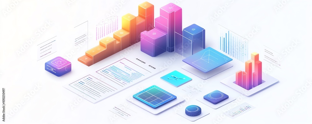 Poster Business report data presentation in isometric perspective, white background, detailed charts and graphs, professional design