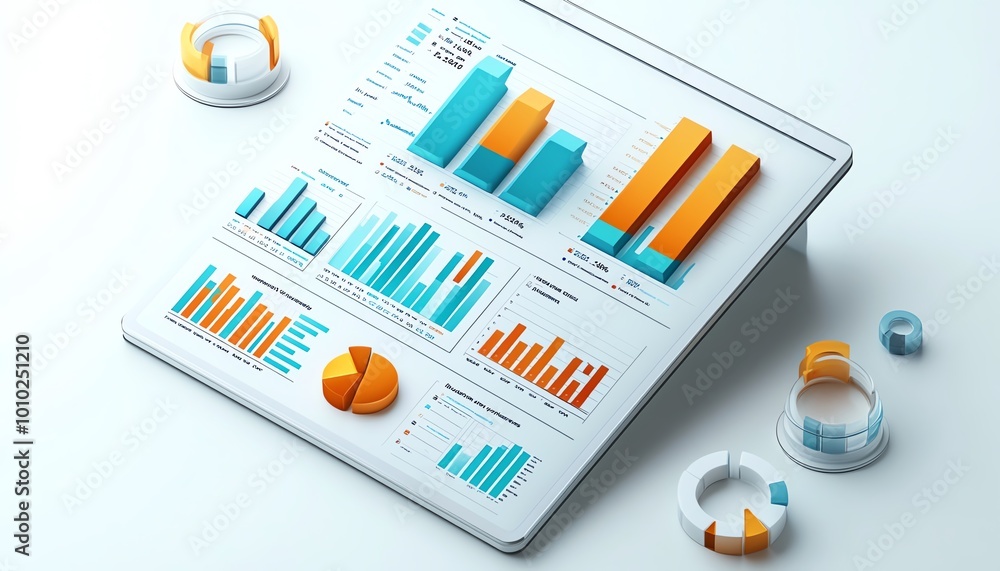 Poster isometric view of a business data report, isolated on white, modern and sleek design, visualizing ch